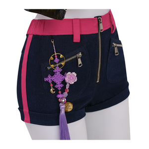 Rumi cosplay costume, rose red stripes on both sides, a decorative charm hangs from the shorts.