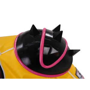 Rumi cosplay costume, the right shoulder has a striking black spiked shoulder armor with a pink accent.