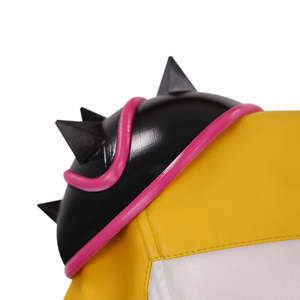 Rumi cosplay costume, black spiked shoulder armor with a pink accent, adding a bold and edgy touch.