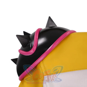 Rumi cosplay costume, black spiked shoulder armor with a pink accent, adding a bold and edgy touch.