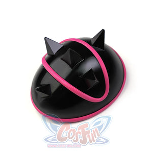 Rumi cosplay costume, black spiked shoulder armor with a pink accent, detail view.