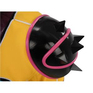 Rumi cosplay costume, black spiked shoulder armor with a pink accent.