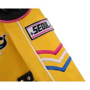 Rumi cosplay costume, a patch with the text “seoul” and embroidered patterns on the sleeves.