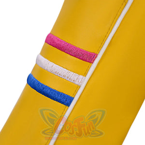 Rumi cosplay costume, three-color embroidered patterns on the sleeves, back view.