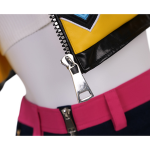 Rumi Cosplay Costume, features a silver metallic zipper pull, rich in texture.