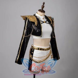 Rumi's cosplay set featuring a white cropped inner top, black sequin jacket with gold trims and decorative chains, and white shorts with wide gold belt and layered chains.