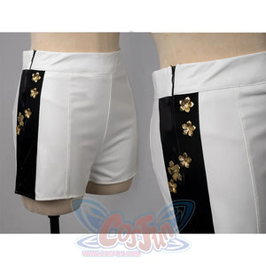 The pants have black stripes on sides, and the stripes are embellished with golden flowers.