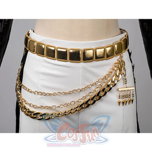 Features the multi-layered gold waist chains on shorts, showcasing bold and unique lower - body decor. gold belt with matching chain, adding an elegant touch to the waist design.