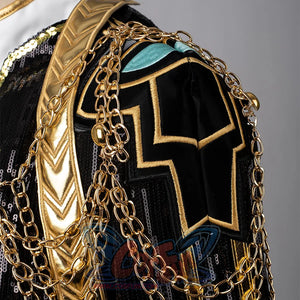 Displays the gold-embroidered patterns and turquoise accents on RUMI’s jacket shoulder, emphasizing detailed craftsmanship.