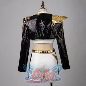 Rumi cosplay costume: The upper body is a black sequined jacket with golden shoulder armor, which has delicate patterns and chain, the pants have black stripes on both sides, and the stripes are embellished with golden flowers.
