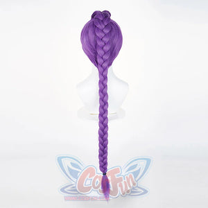 The back view of a purple cosplay wig with a long braid, shown on a mannequin head.