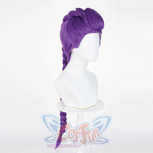 A purple cosplay wig with a long braid, shown on a mannequin head from the side, accompanied by a close-up circle of the hair strands.