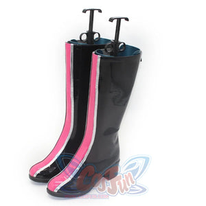Two pairs of black mid-calf cosplay boots with pink and silver stripes, placed on stands, set against a white background.