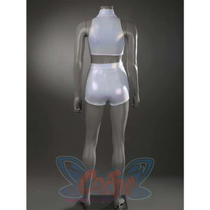 Back view of the white stage outfit, showcasing the smooth lines of the iridescent material without additional chains.