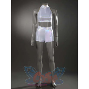 Front view of the plain white stage costume, highlighting the clean silhouette of the iridescent high - neck top and shorts.
