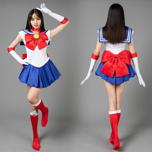 Tsukino Usagi Serena cosplay dress layers a blue sailor collar over a white pleated skirt anchored by red front bow.