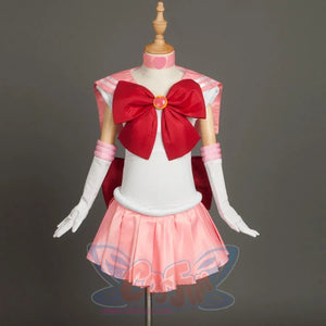Sailor Chibiusa Sailor Chibi cosplay dress pairs a white leotard and pink pleated skirt with a jeweled red bow.