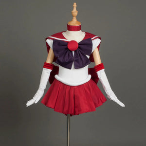 The costume is shown on a mannequin from the front, presenting the overall design with its red, white, and purple color scheme.