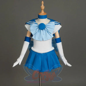 Sailor Mercury Mizuno Ami cosplay costume pairs a blue-collared top with elbow-length gloves and matching choker.