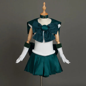 The costume is shown on a mannequin from the front, presenting the overall design with its dark green and white color scheme.