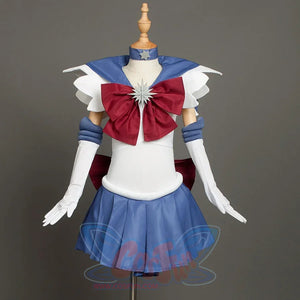 Sailor Saturn Tomoe Hotaru cosplay costume pairs a blue fuku with red bows and white gloves.