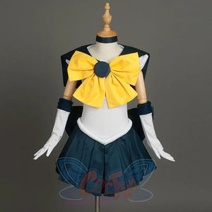 Sailor Uranus Tenoh Haruka cosplay costume sets a white leotard with navy trim and pleated skirt.