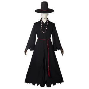 Saja boys cosplay costume set: Black long coat with red belt on a mannequin, front view