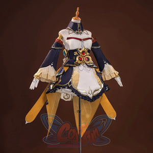 Sandrone cosplay costume three-quarter view on mannequin, highlighting the chest emblem, collar detail, and layered skirt