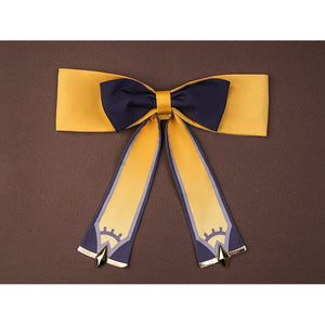 Sandrone cosplay costume back bow accessory in gold and navy blue with decorative tails and gold-tipped ends