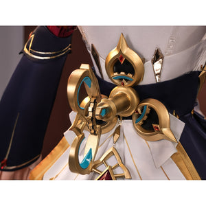 Sandrone cosplay costume back waist ornament closeup showing intricate gold piece with teal inlay and red gem accents