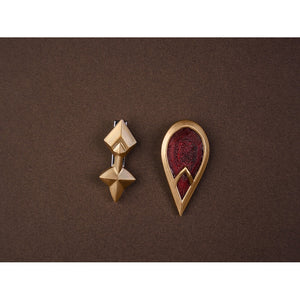 Sandrone cosplay costume collar accessories including a gold diamond-shaped pin and red teardrop gem brooch with gold frame