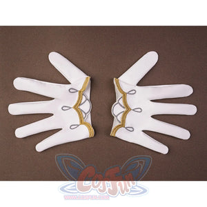 Sandrone cosplay costume gloves pair laid flat showing white fabric with gold scalloped trim and grey loop bow embroidery