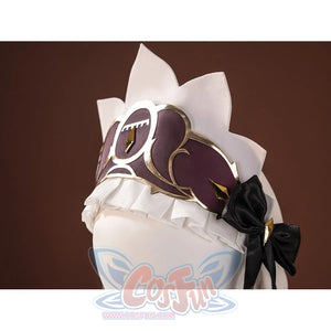 Sandrone cosplay headdress side angle showing maroon hat piece with gold trim, white ruffle collar, and black bow accessory