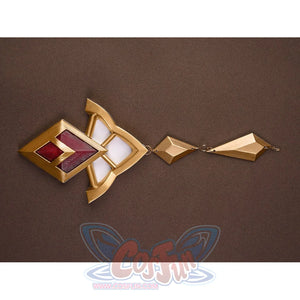 Sandrone cosplay costume gold necklace with square burgundy frame and two diamond-shaped pendants on chain