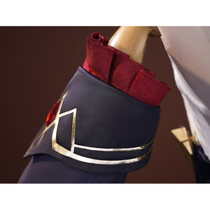 Sandrone cosplay costume shoulder detail showing burgundy ruffled cuff on navy sleeve with gold trim and red gem accent