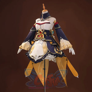Sandrone cosplay costume side view on mannequin, displaying the white dress, navy jacket with gold trim, and layered golden skirt