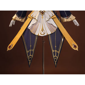 Sandrone cosplay costume lower front showing two long gold arrow skirt panels with red gem tips, navy skirt, and white apron