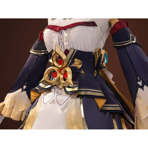 Sandrone cosplay costume waist ornament detail with gold decorative piece, red gem accents, and navy blue jacket panels