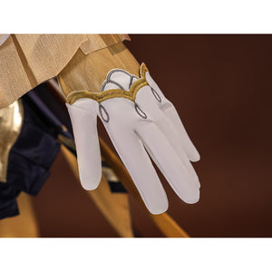 Sandrone cosplay costume white glove detail showing gold scalloped trim at wrist with decorative loop accents