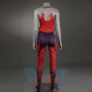 Presents the back view of a mannequin in a simplified Scarlet Witch cosplay costume, highlighting the red top and purple-red pants design.