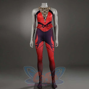 Shows a mannequin wearing a relatively simplified Scarlet Witch cosplay costume, with a red top and purple-ed lower garment, plus a decorative neckline.