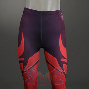 Close-up of purple and red patterned leggings from Scarlet Witch cosplay costume, highlighting the bold, symmetrical design