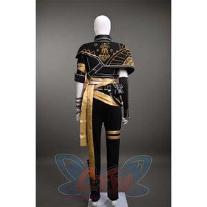 The back view of Sciel's cosplay costume showcases the detailed gold patterns on the black shoulder sections and the distinctive design of the purple top.
