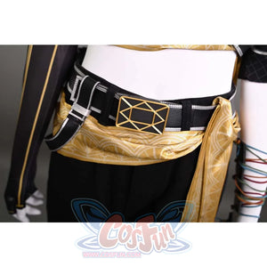 A close-up of the belt on Sciel's cosplay costume, featuring a gold emblem and a stylish design that adds to the overall look.
