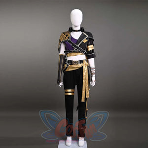 COSFUN Clair Obscur Expedition 33 Sciel cosplay costume layers asymmetrical black top over gold-sashed belt.