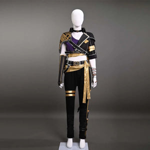 A full view of Sciel's cosplay costume, featuring a stylish combination of purple, black, and gold elements, showcasing a perfect blend of elegance and adventure.