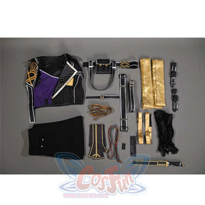 This image shows all the components of Sciel's cosplay costume laid out, including the top, pants, belts, and other accessories.