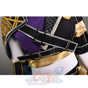 This image provides a close-up view of the black straps with silver edges on Sciel's cosplay costume, highlighting the detailed design and gold accents.