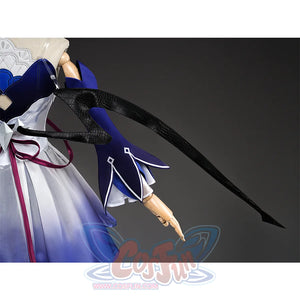 Close-up side view of Seele cosplay black wing on costume mannequin, dark background