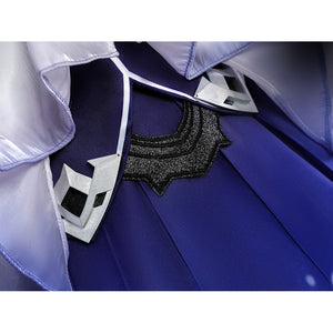 Seele cosplay black embroidered waistband detail with silver accessories on dark blue fabric